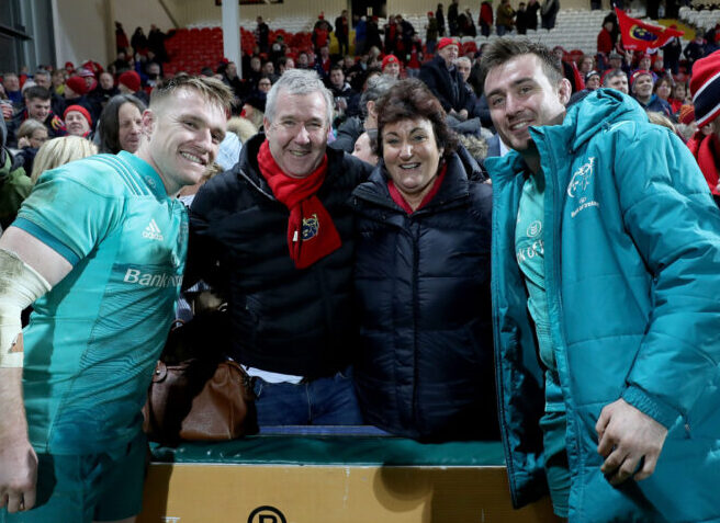 Rory Scannell and Niall Scannell with their parents Bill and Emer after the win away to Gloucester in 2019. 