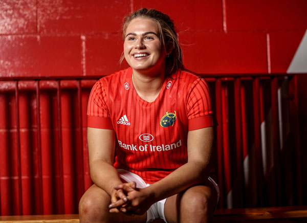 Dorothy Wall in the women's-fit Munster home jersey, which is now available at half-price.
