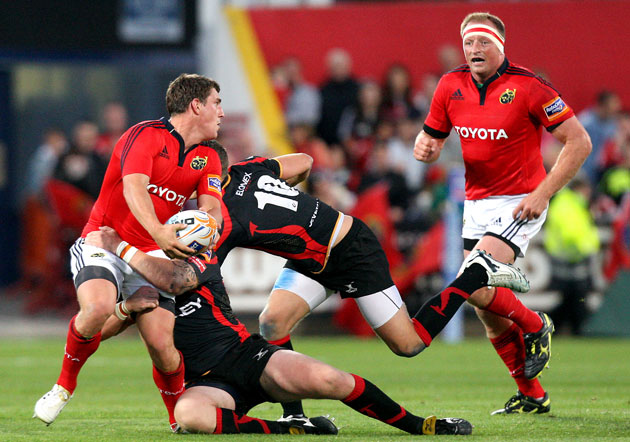 Ian Keatley wins his first Munster cap against Dragons at Irish Independent Park, Cork in 2011.