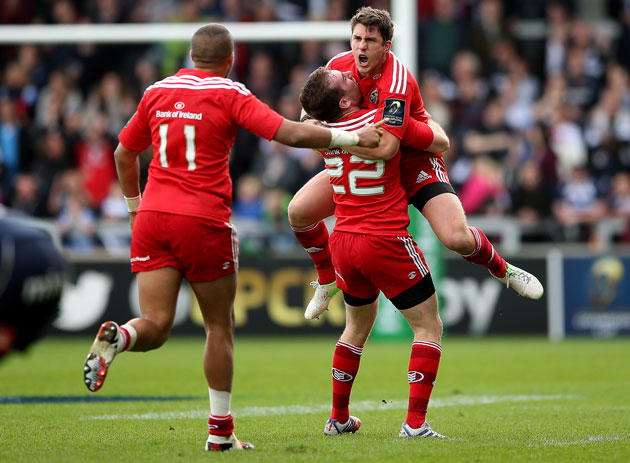 Keatley celebrating the aforementioned dropgoal against Sale Sharks with JJ Hanrahan and Simon Zebo.