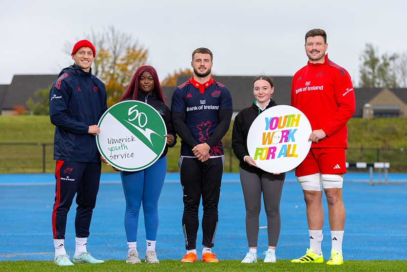 Munster Rugby Players Mike Haley, Alex Nankivell and Fineen Wycherley with Grace Ajibade and Sophie Bowen from Limerick Youth Service. Photo Credit: Inpho