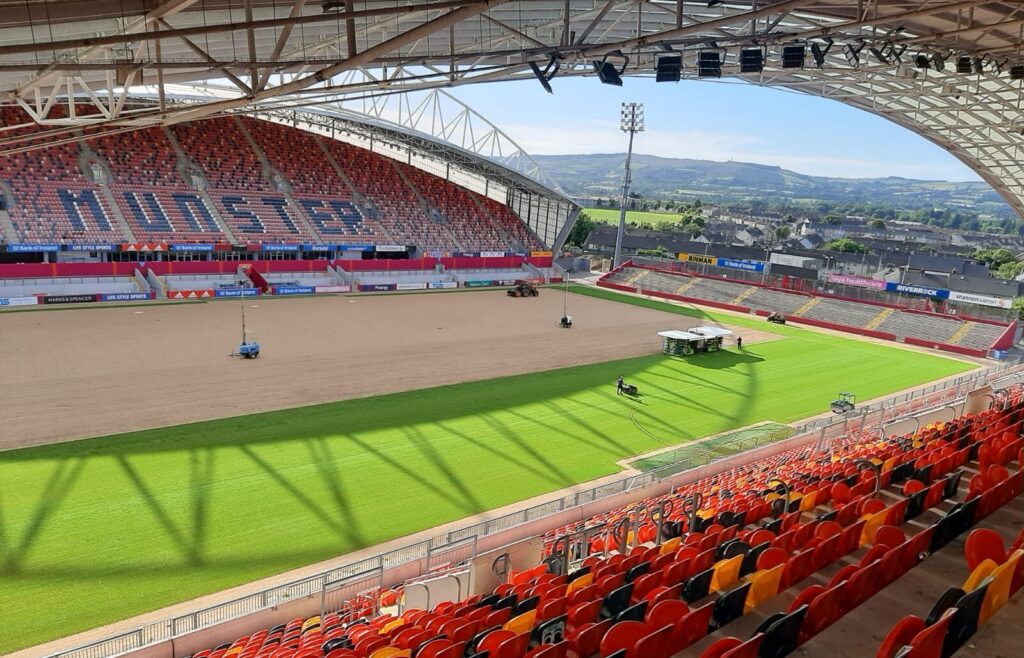 A view of the new pitch being laid at Thomond Park over the summer. 