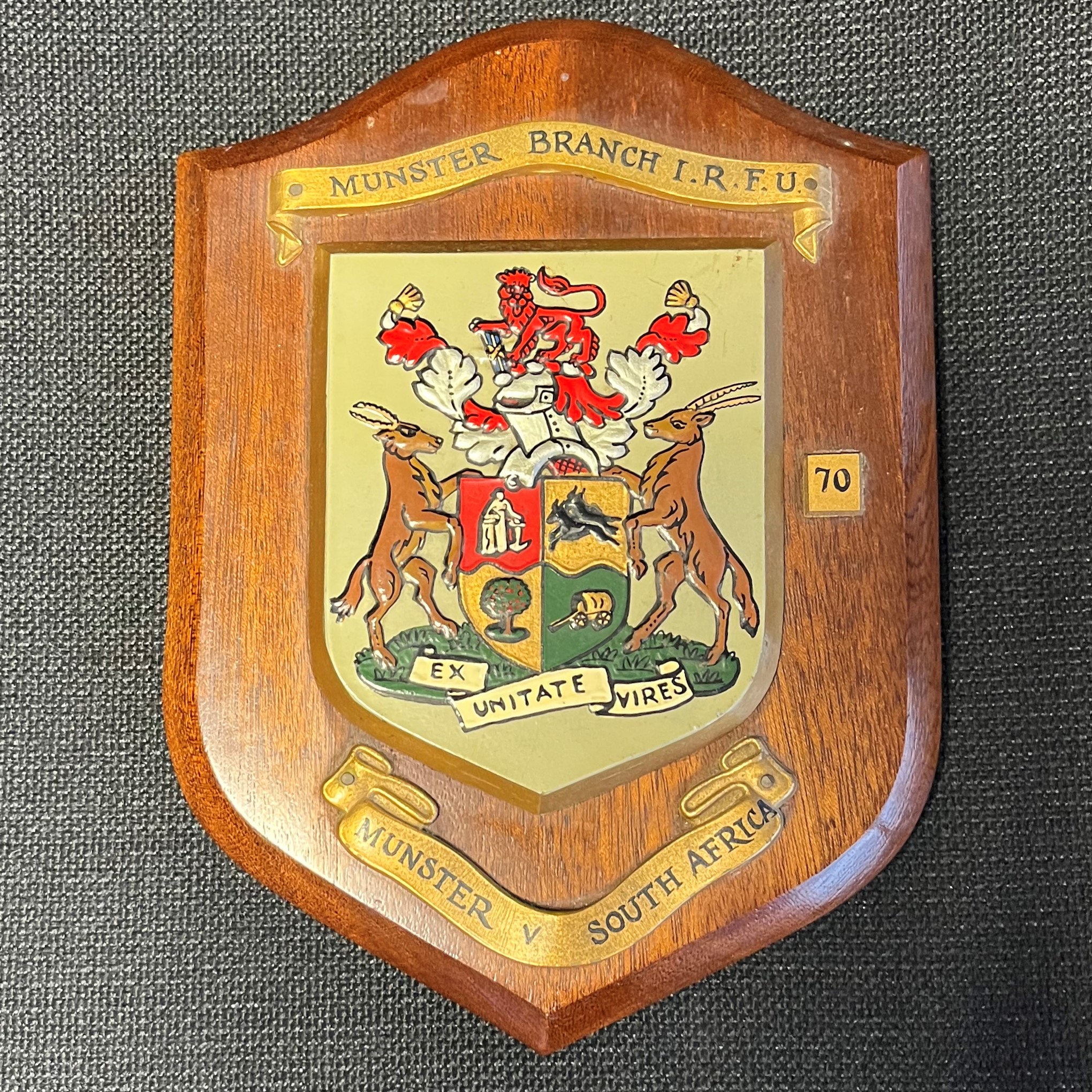 The shield from Munster's most recent game against a South Africa game in 1970. 