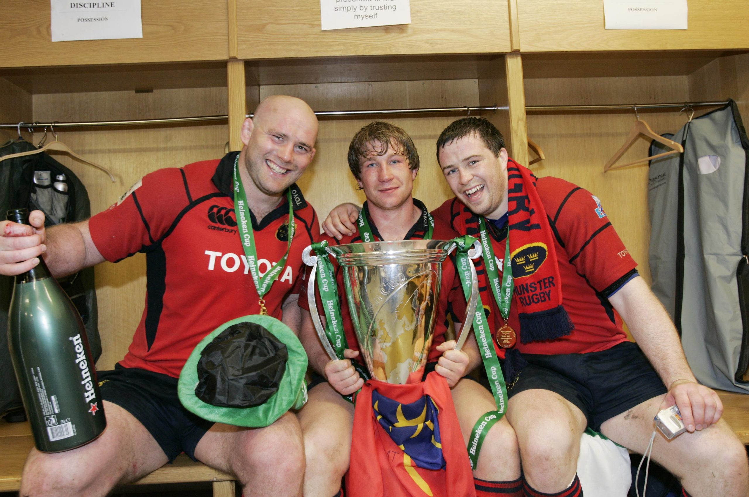 The front row of John Hayes, Jerry Flannery and Marcus Horan celebrate the 2006 European Cup win.