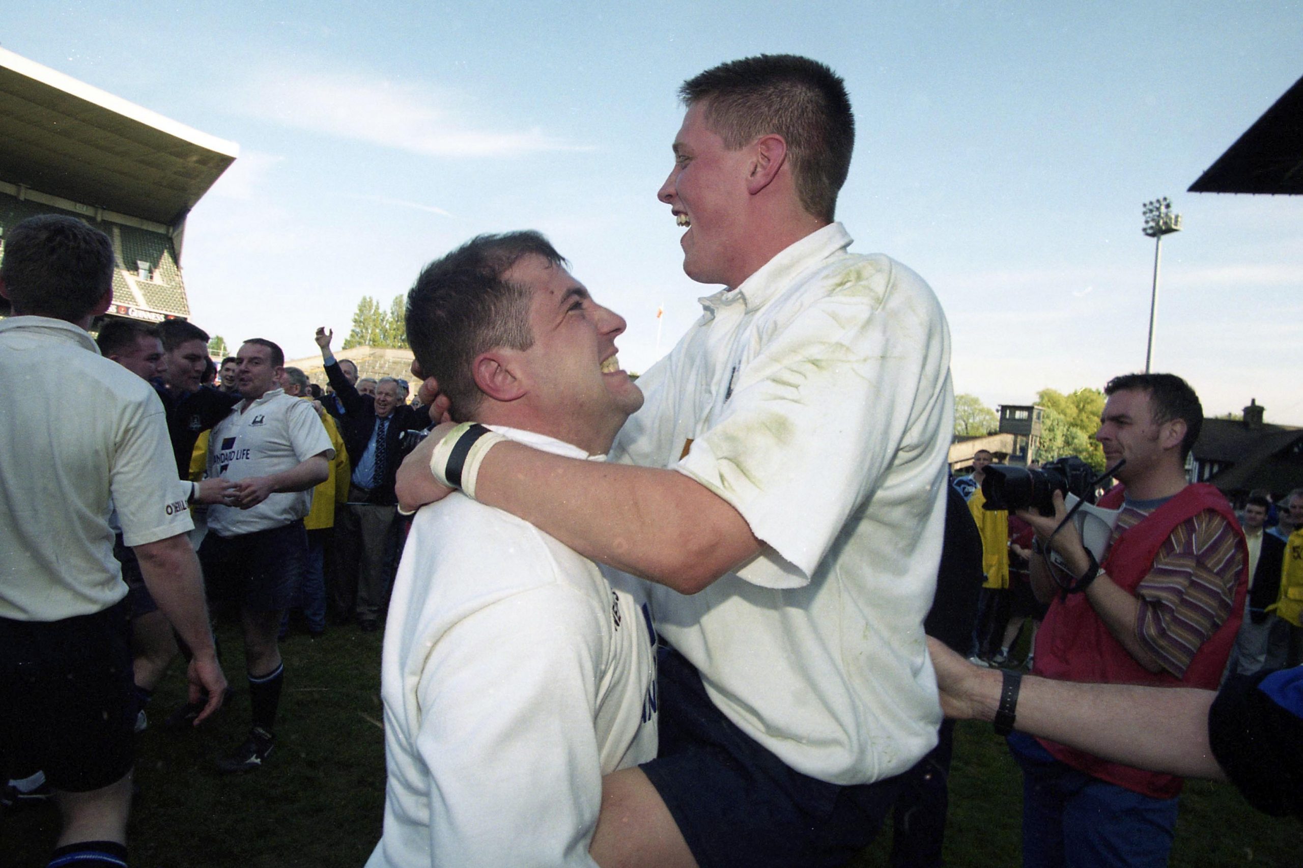 Ronan O'Gara celebrates winning the AIL with Cork Con in 1999.