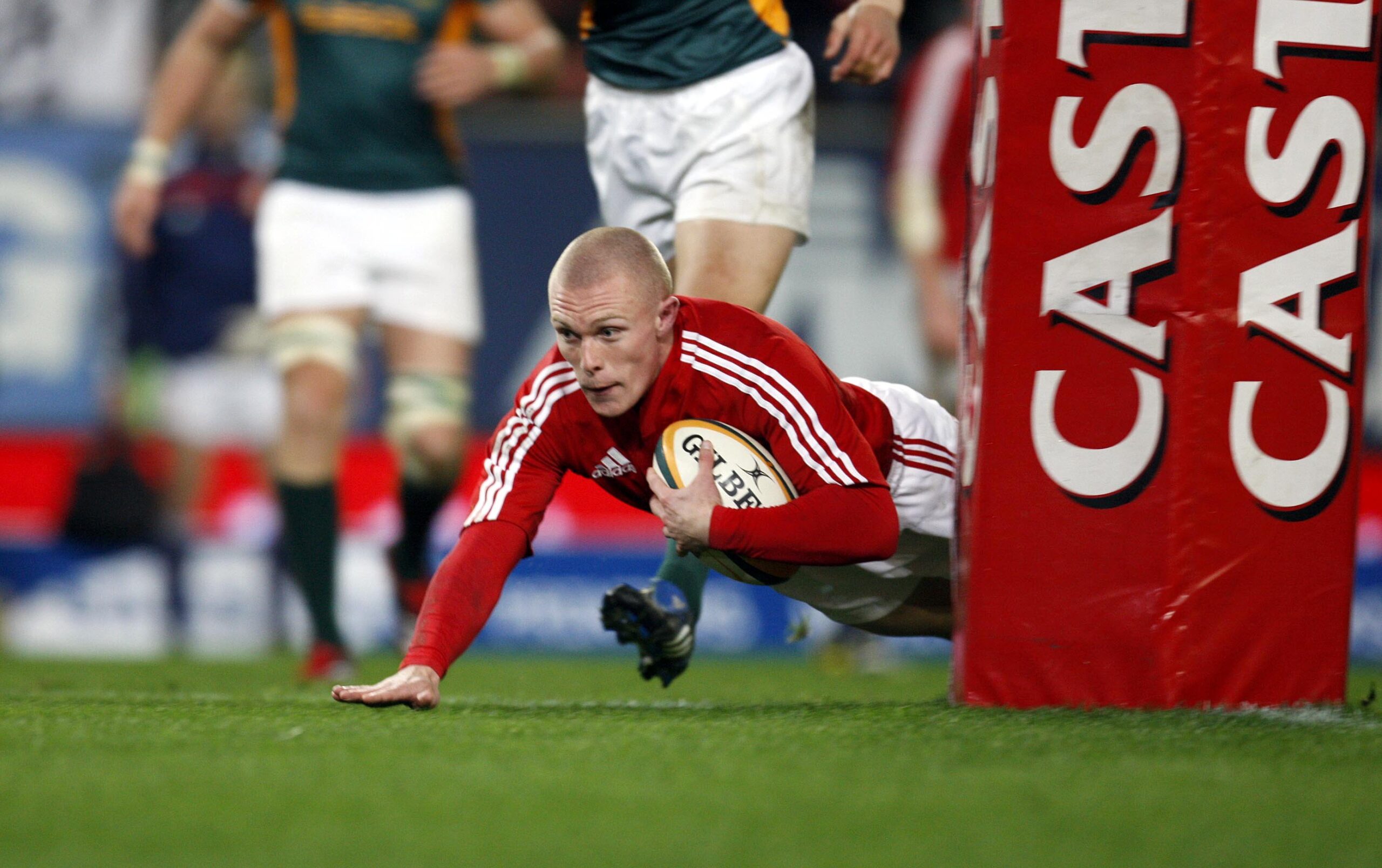 Keith Earls scores a try for the Lions against the Emerging Springboks in 2009. 