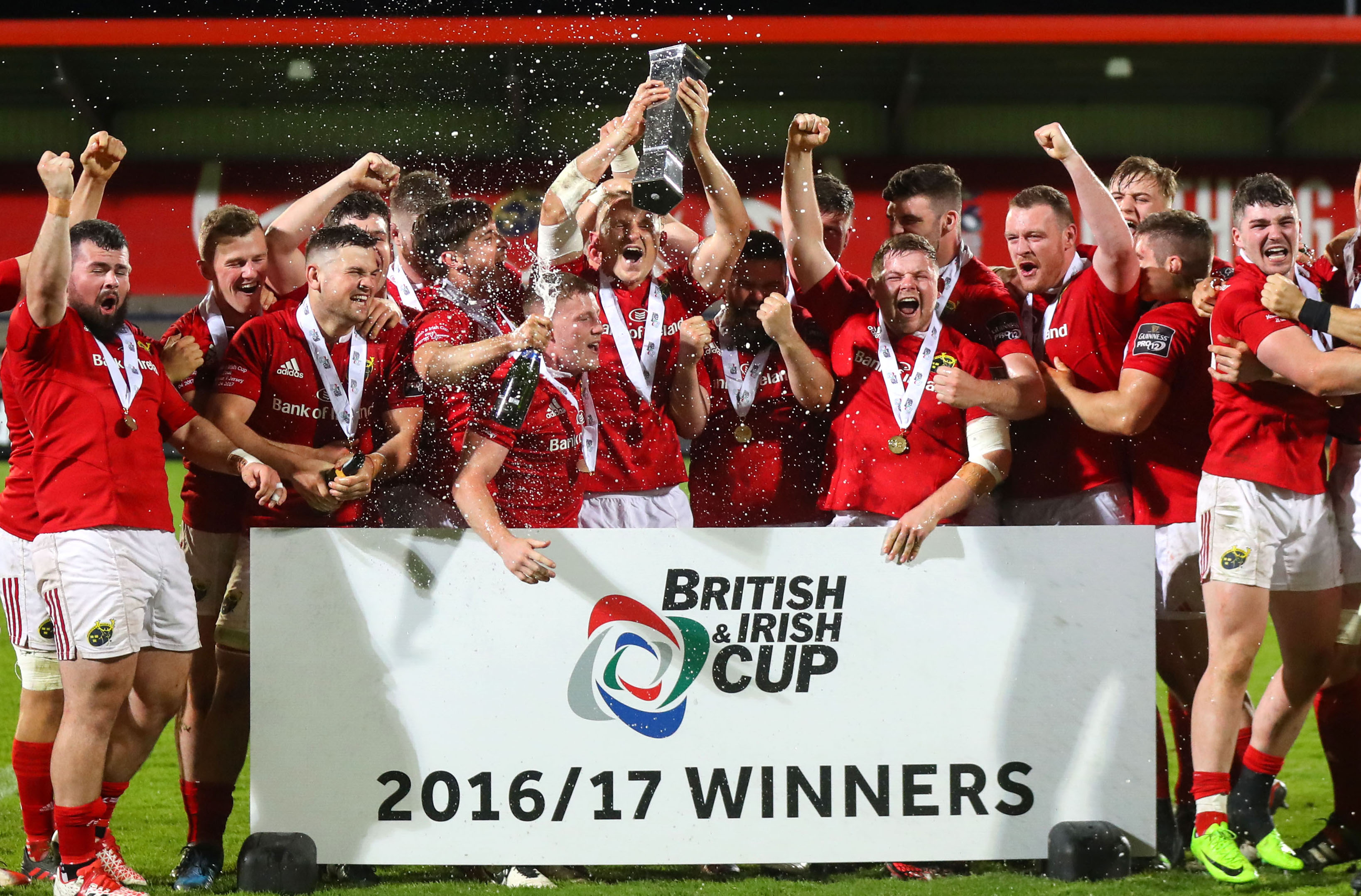 Cian Bohane lifts the British Irish Cup after Munster A win out 29-28.