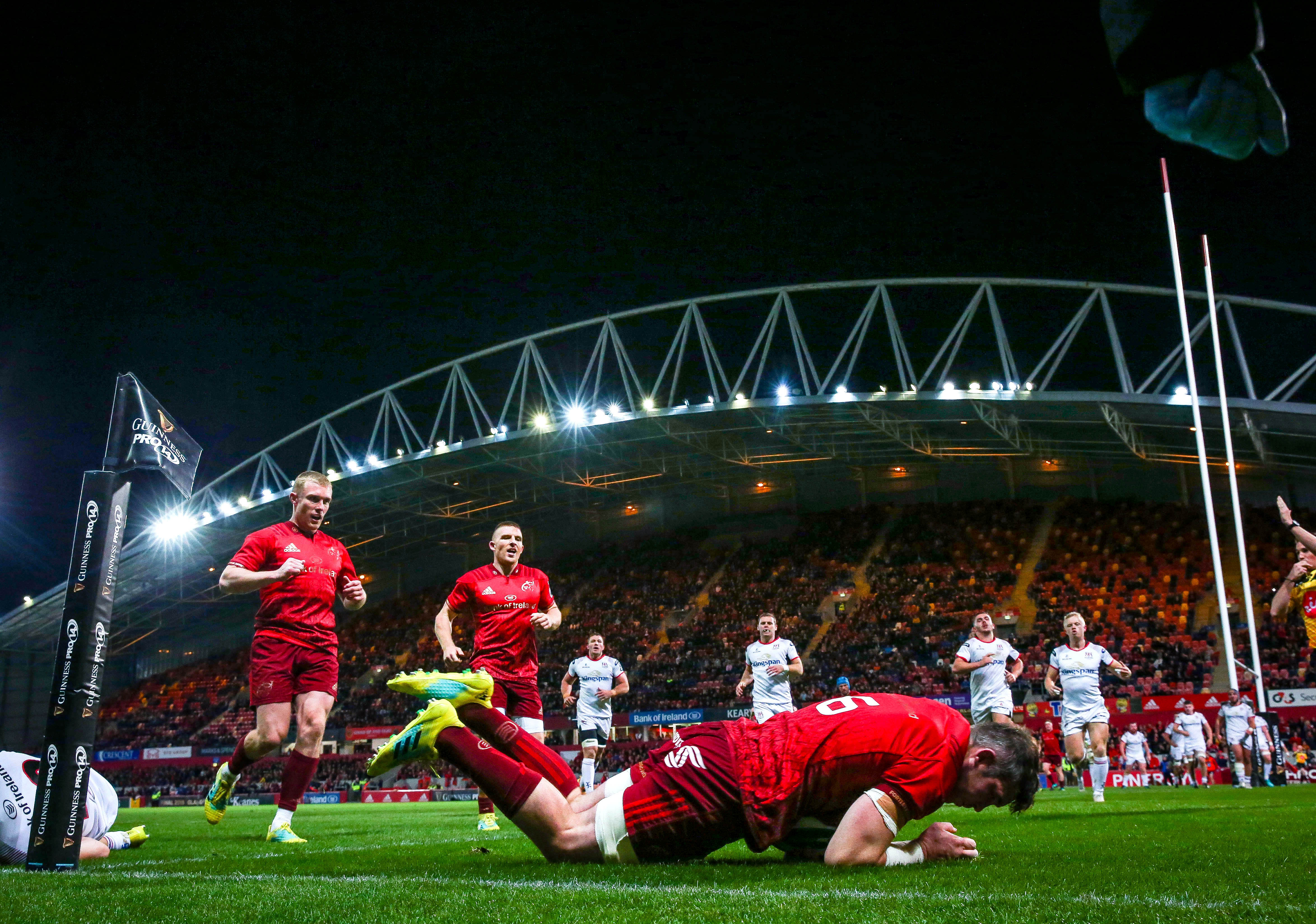 Peter O’Mahony scores a try against Ulster at Thomond Park last season.