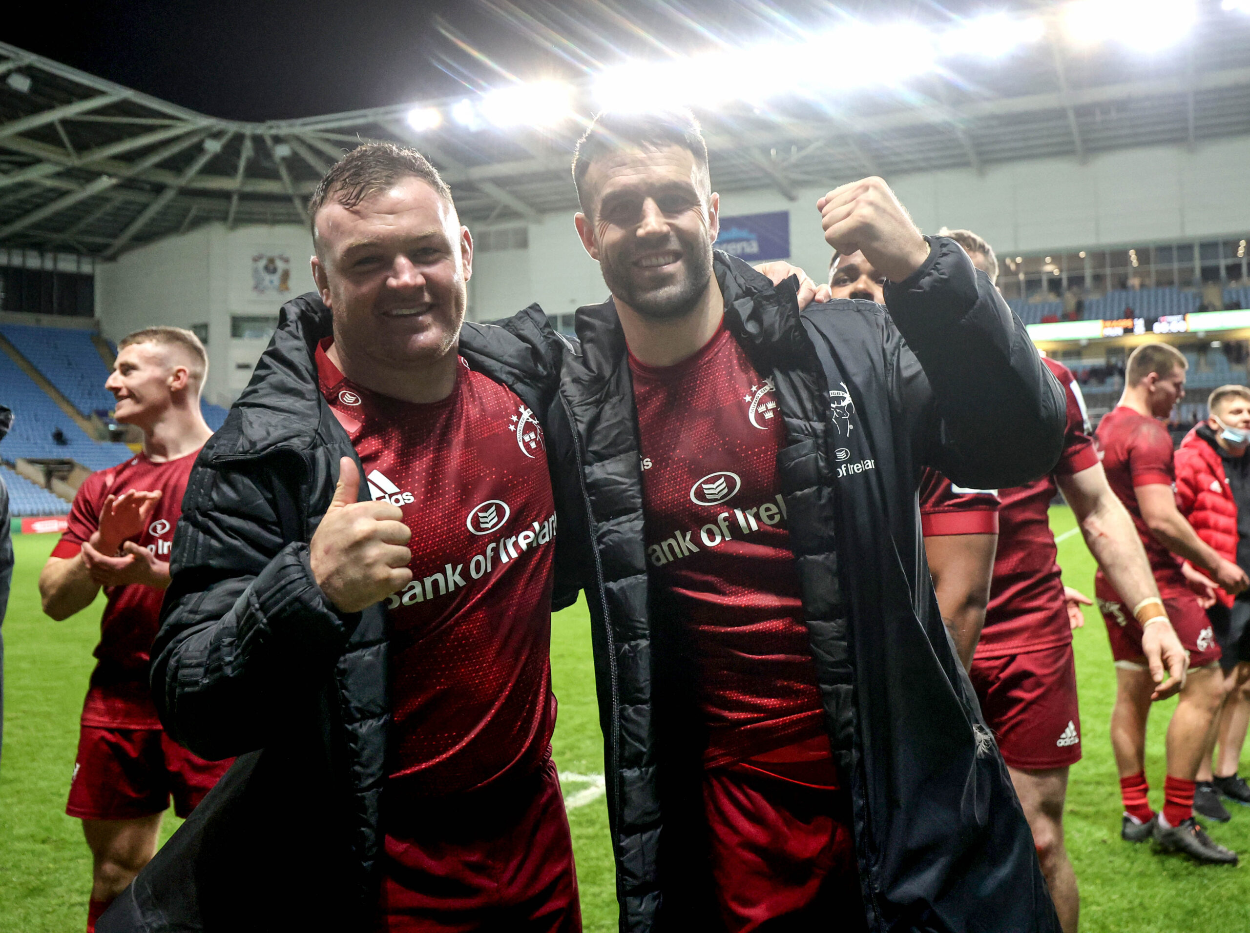 Dave Kilcoyne celebrates after the game with Conor Murray after the win over Wasps in 2021. 
