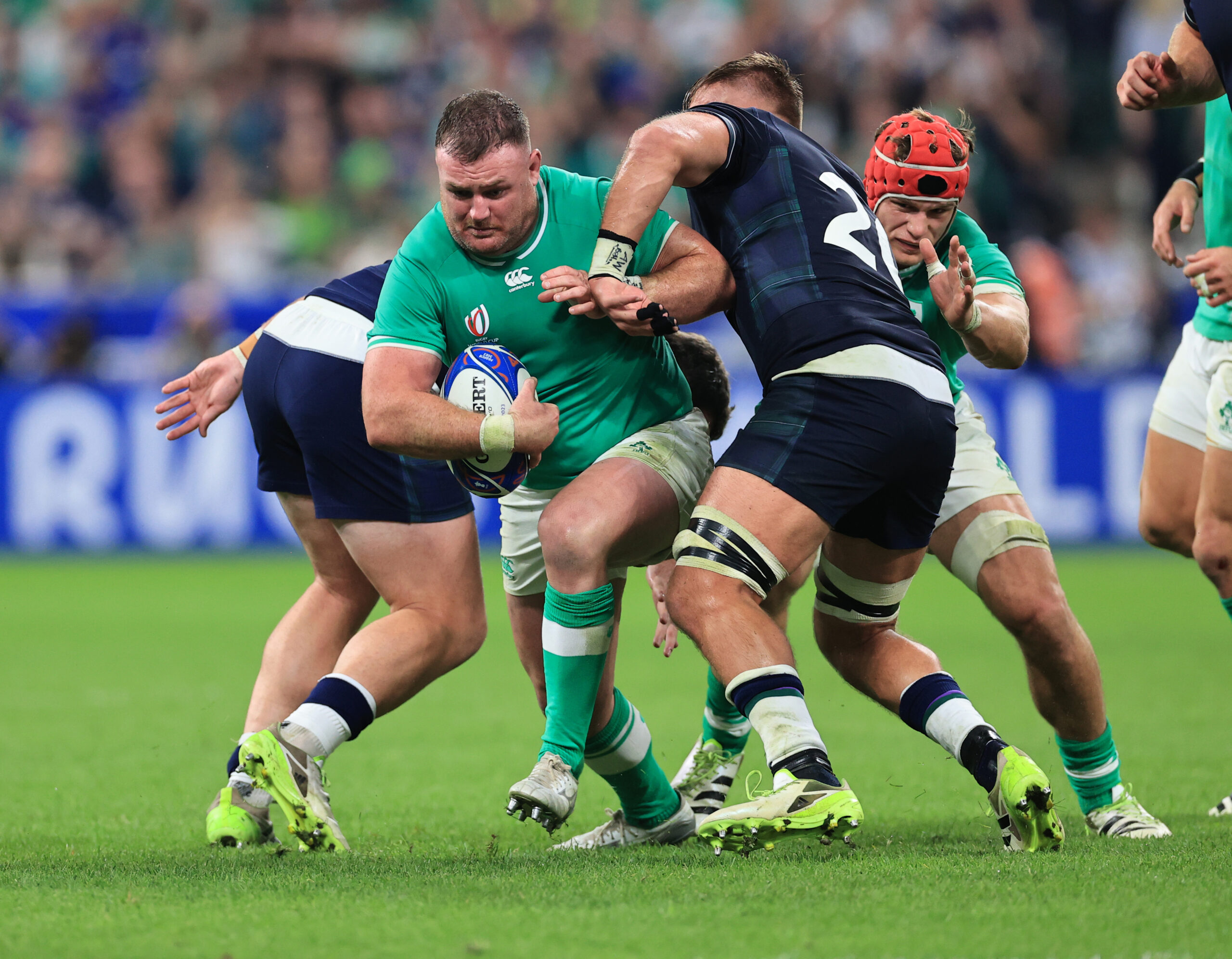 Dave Kilcoyne on the charge against Scotland at the 2023 Rugby World Cup. 