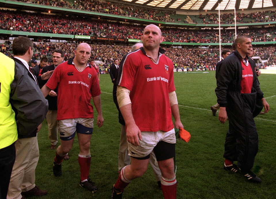Keith Wood and John Hayes after the Heineken Cup final loss in 2000
