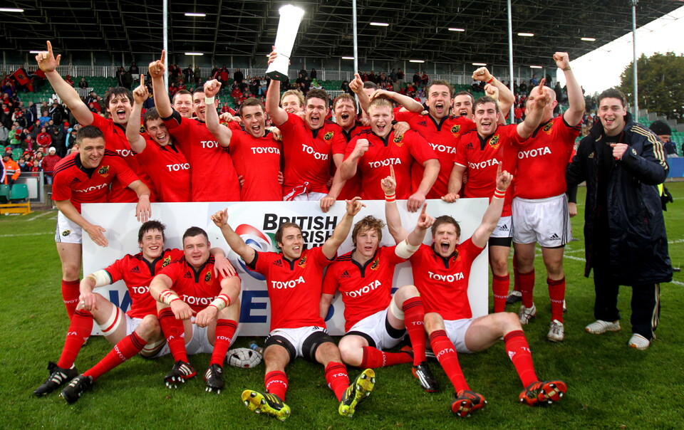 Munster celebrate with the British and Irish Cup in 2012 at Musgrave Park