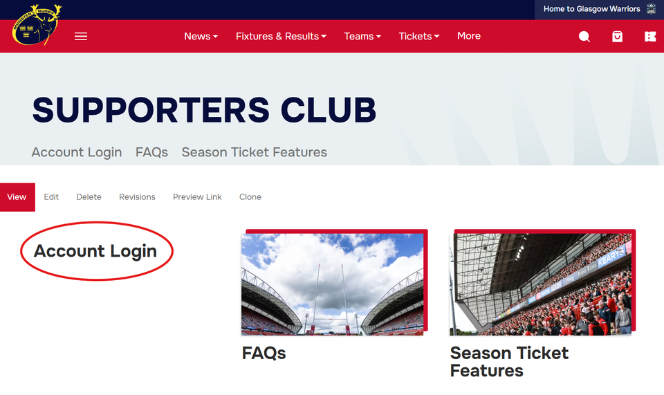A screenshot of the Account Login Menu Link on the Munster Rugby Website