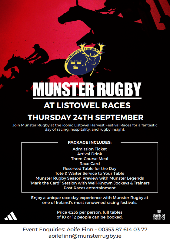 A graphic describing the package details of Munster Rugby's Raceday at Listowel Races on Thursday 24th September
