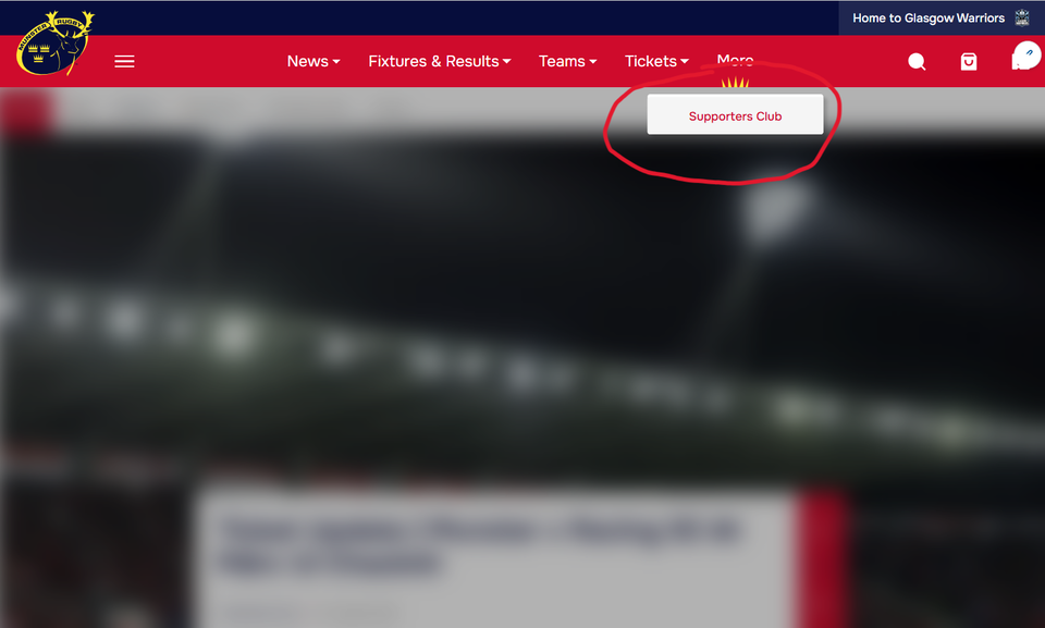 A screenshot of the Supporters Club Menu Link on the Munster Rugby Website