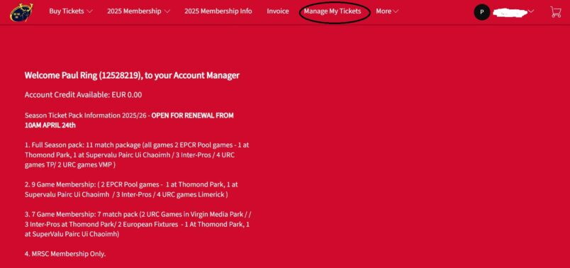 A view of the page you see when logged in to a Ticketmaster Munster Rugby account