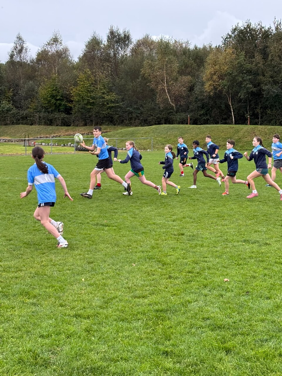 A team of players in blue jerseys running across a grassy field.