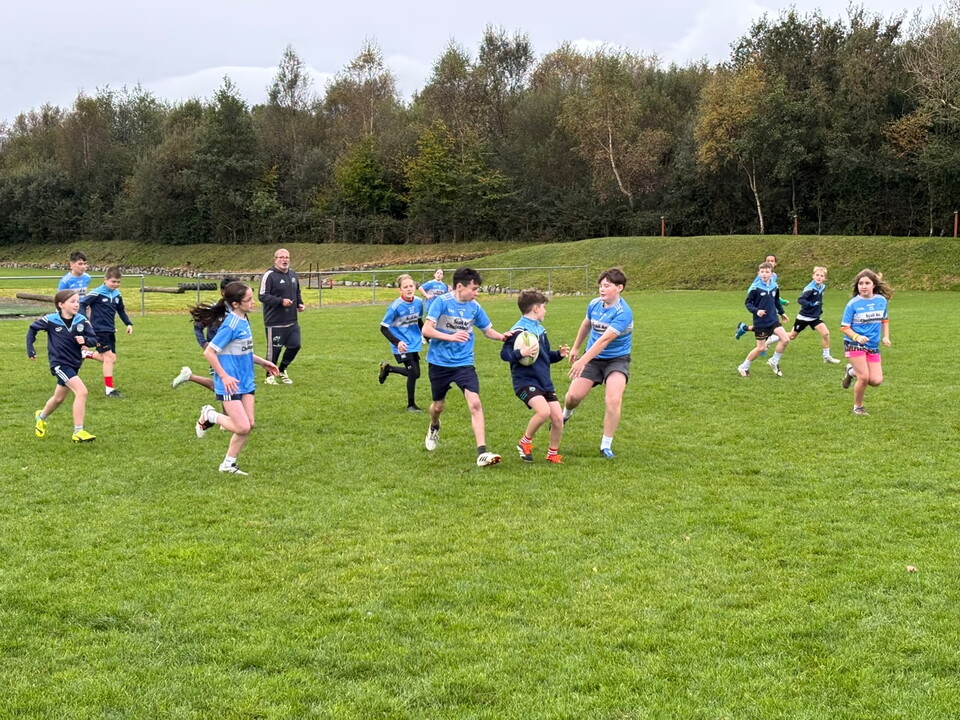 Children in blue shirts run on a grass field with trees in the background.