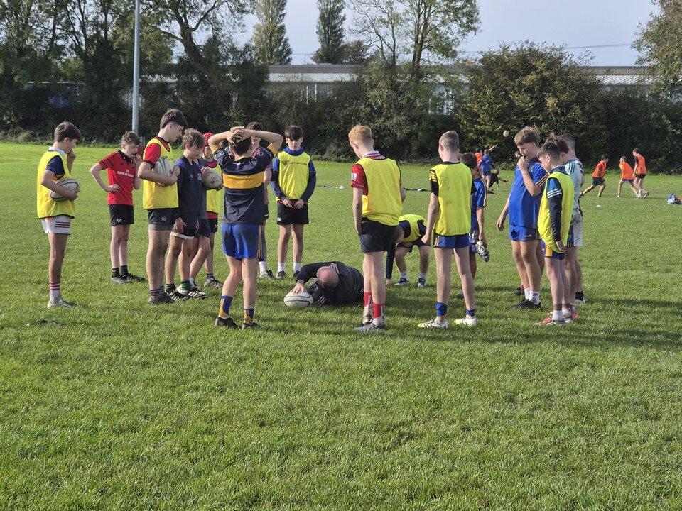 A group of players in yellow, blue and red jerseys stand on a green field, some talking and others watching.