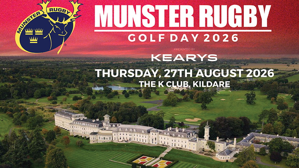 A graphic advertising Munster Rugby's Golf Day at the K Club on 27th August 2026