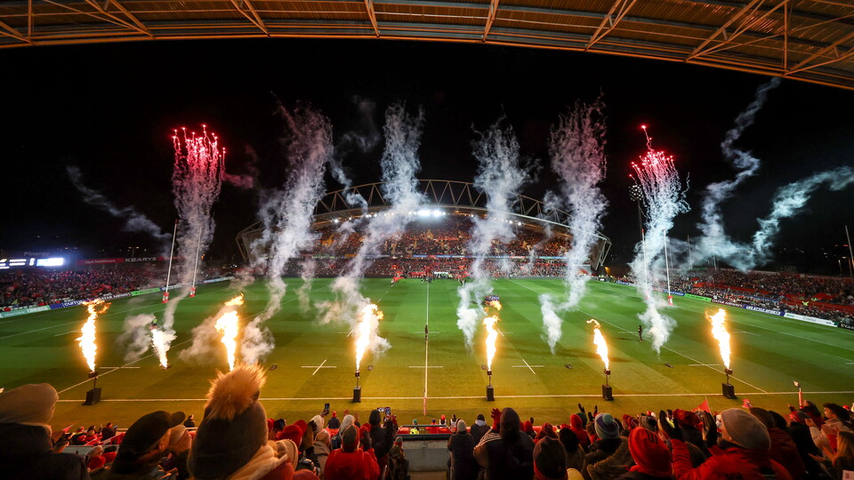 Thomond Park ahead of Kick Off with flame boxes and fireworks