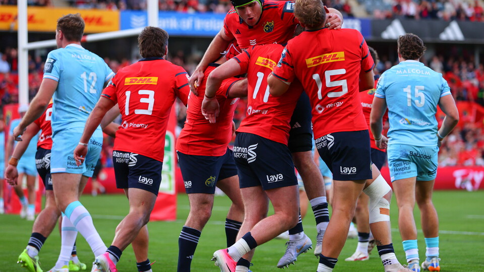 A view of Munster celebrating a try against Glasgow