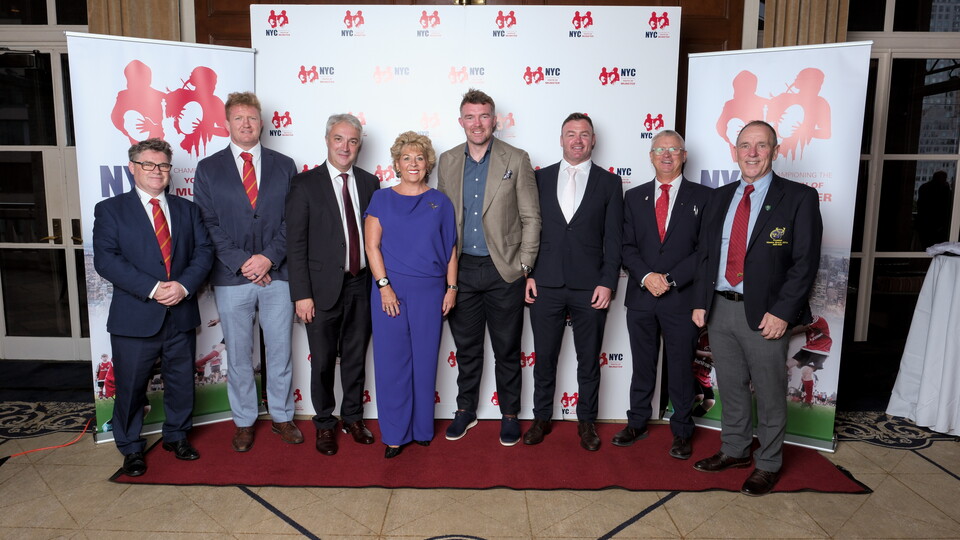 A photo showcasing attendees of last year's Munster Rugby New York Event including Munster CEO Ian Flanagan and former Munster and Ireland international Peter O'Mahony