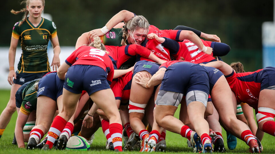 A view of a scrum involving UL Bohemian and Railway Union