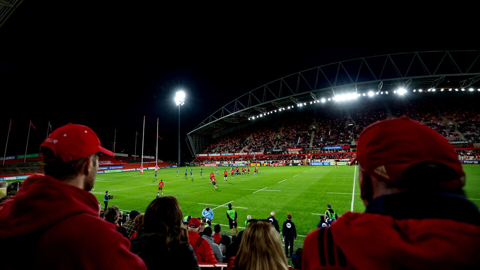 A view of Thomond Park during a match at night