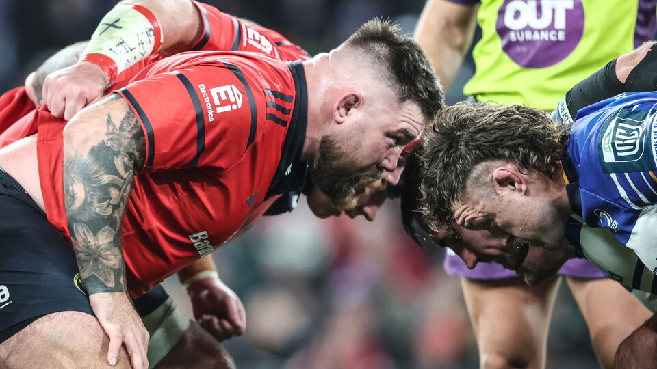 Kieran Brookes packs down in a Scrum for Munster against Leinster 