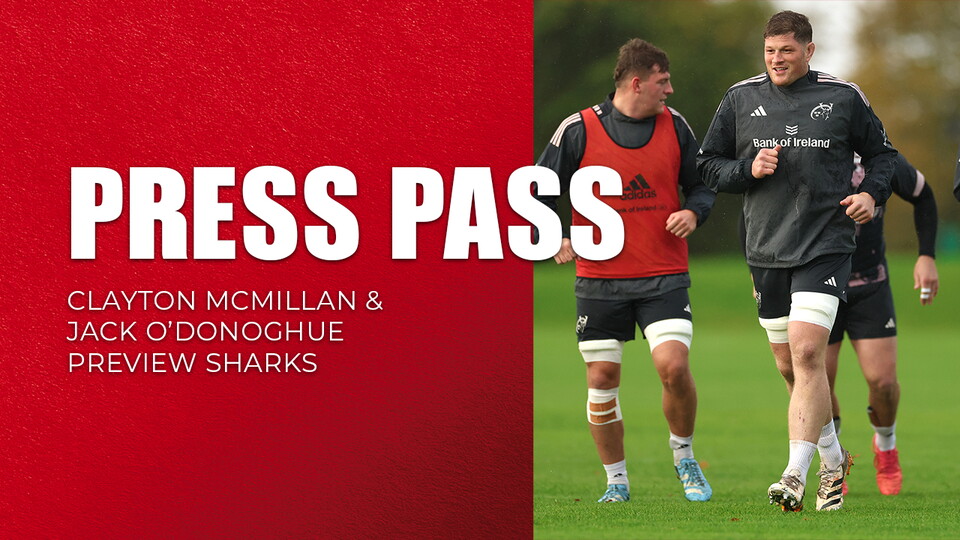 Clayton McMillan and Jack O'Donoghue preview Sharks, rugby players in red, black and white shirts on field.