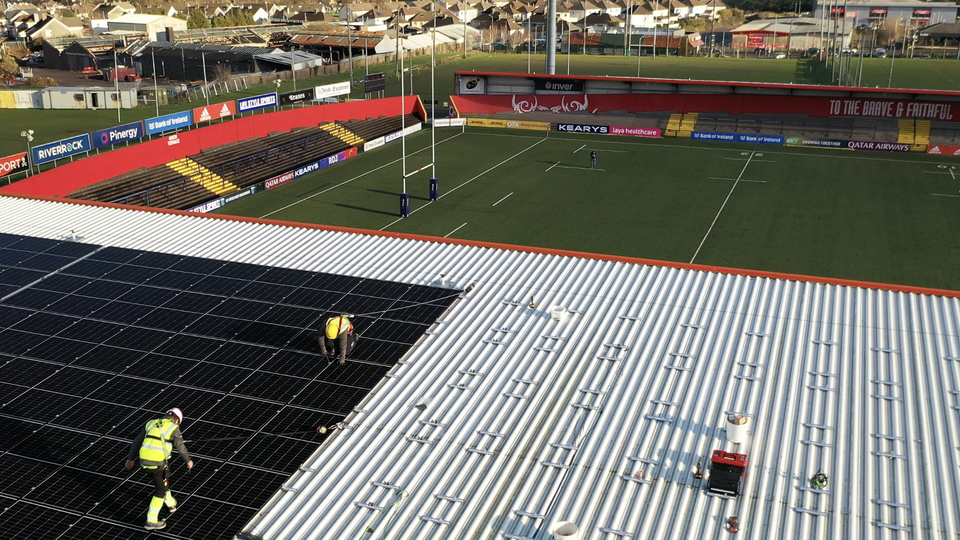 Solar Panels being installed on the roof of the West Stand at Virgin Media Park