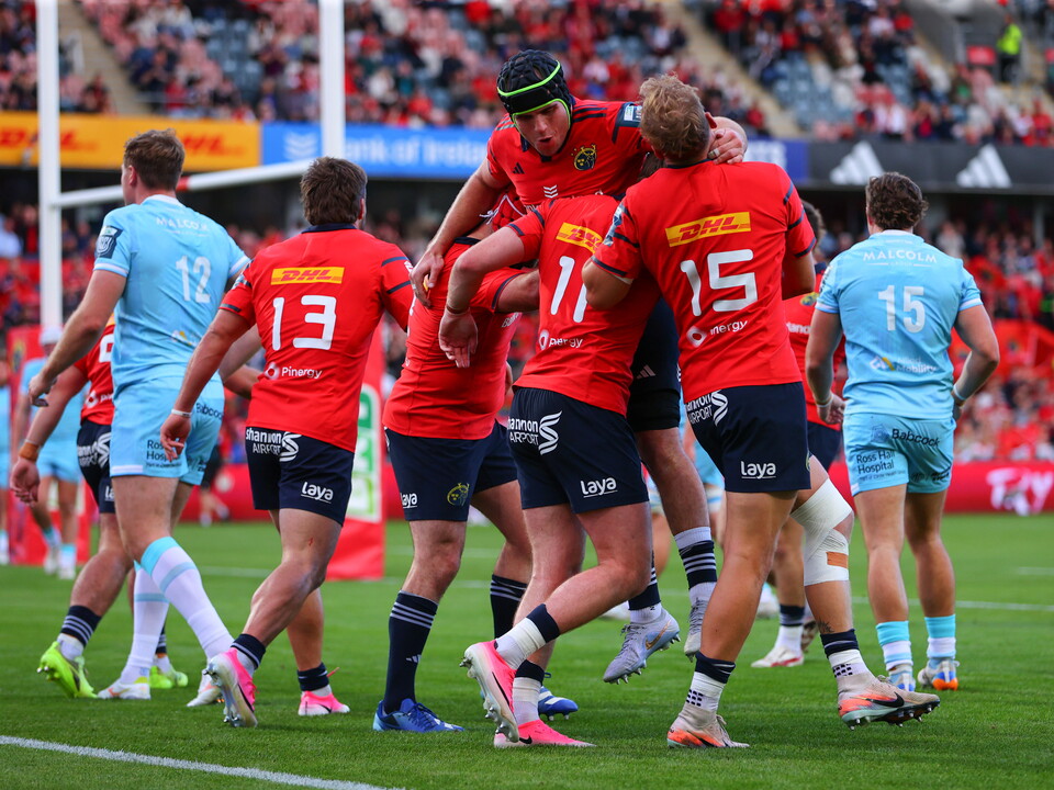 A view of Munster celebrating a try against Glasgow