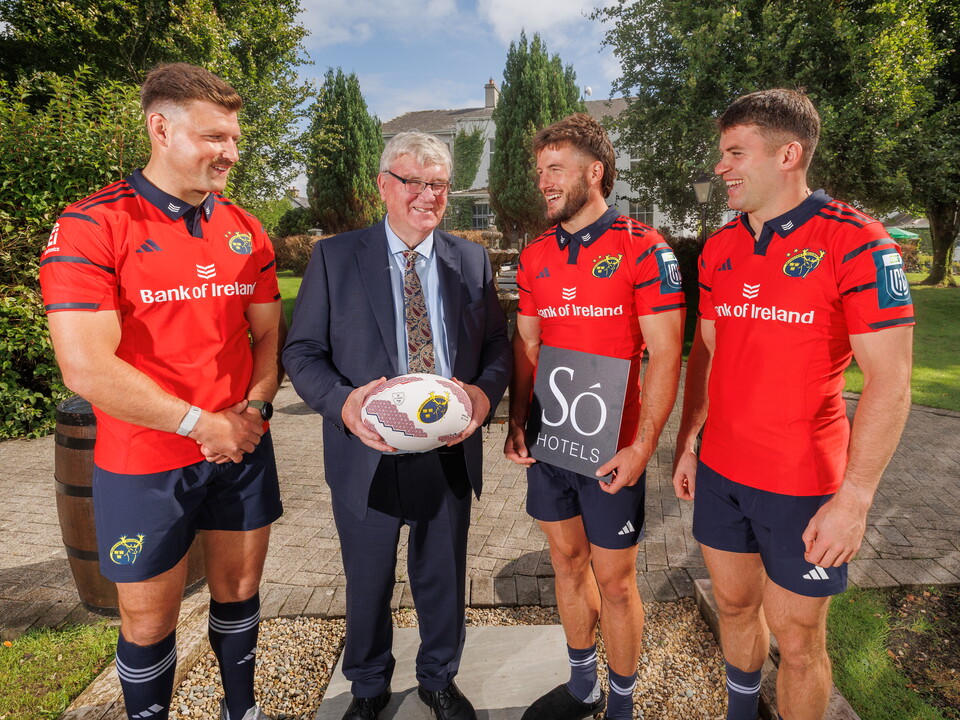 A view of Munster Rugby players Fineen Wycherley, Alex Nankivell and Diarmuid Kilgalen with Só Hotels owner Pat McDonagh
