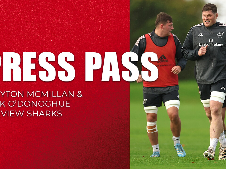 Clayton McMillan and Jack O'Donoghue preview Sharks, rugby players in red, black and white shirts on field.