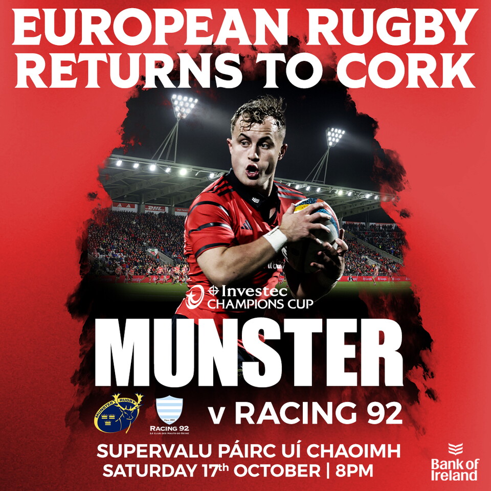 A digital advertisement featuring Craig Casey promoting the upcoming match between Munster and Racing 92