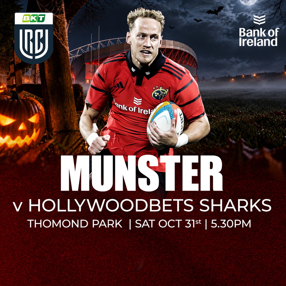A graphic featuring Mike Haley promoting Munster v Sharks in the URC